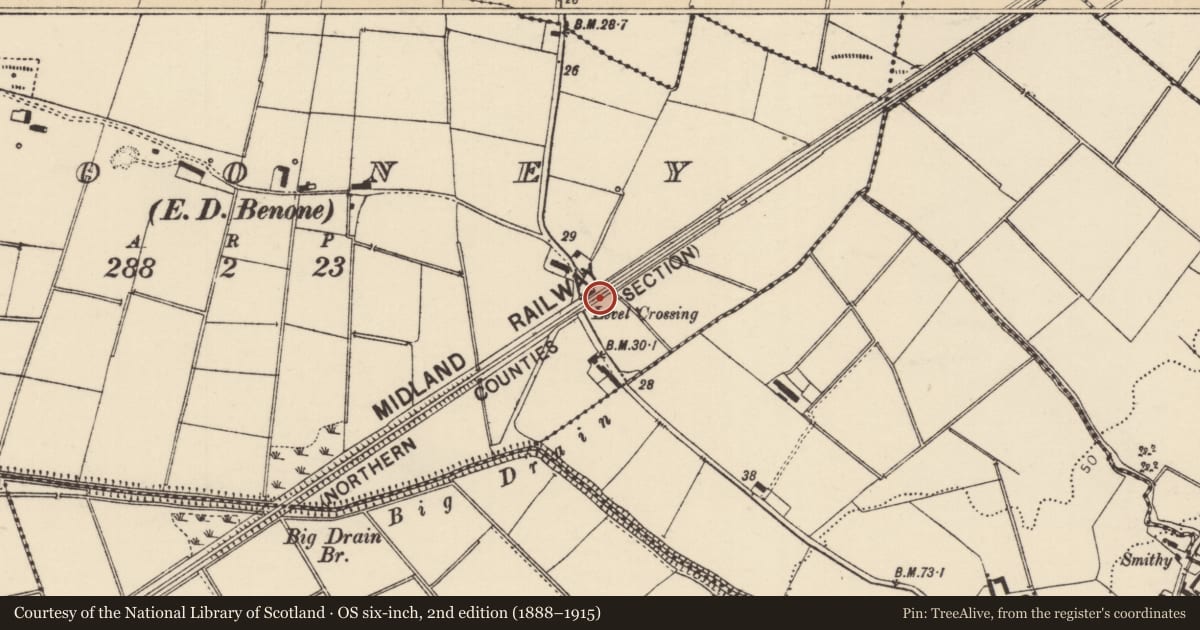 Ordnance Survey six-inch map, 2nd edition (1888–1915) covering the location of Railway Crossing House, Clooney, Causeway Coast and Glens, with a pin at the register's coordinates