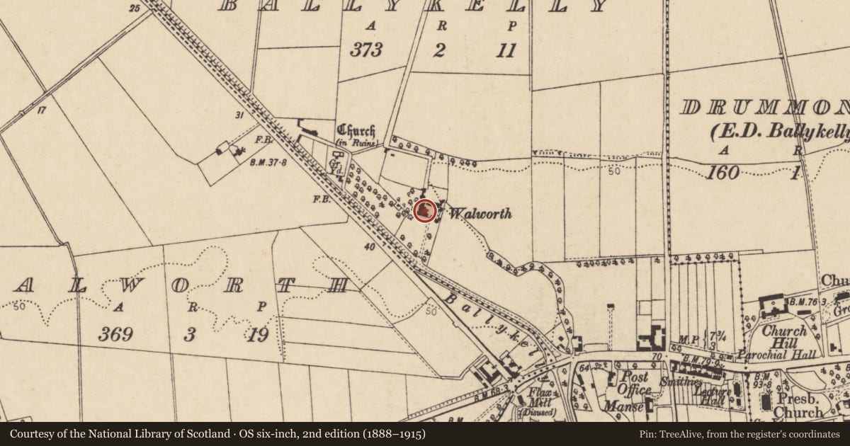 Ordnance Survey six-inch map, 2nd edition (1888–1915) covering the location of Walworth House, Ballykelly, Causeway Coast and Glens, with a pin at the register's coordinates