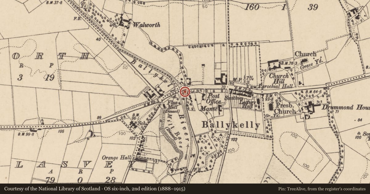 Ordnance Survey six-inch map, 2nd edition (1888–1915) covering the location of Ballykelly Road Bridge, Causeway Coast and Glens, with a pin at the register's coordinates