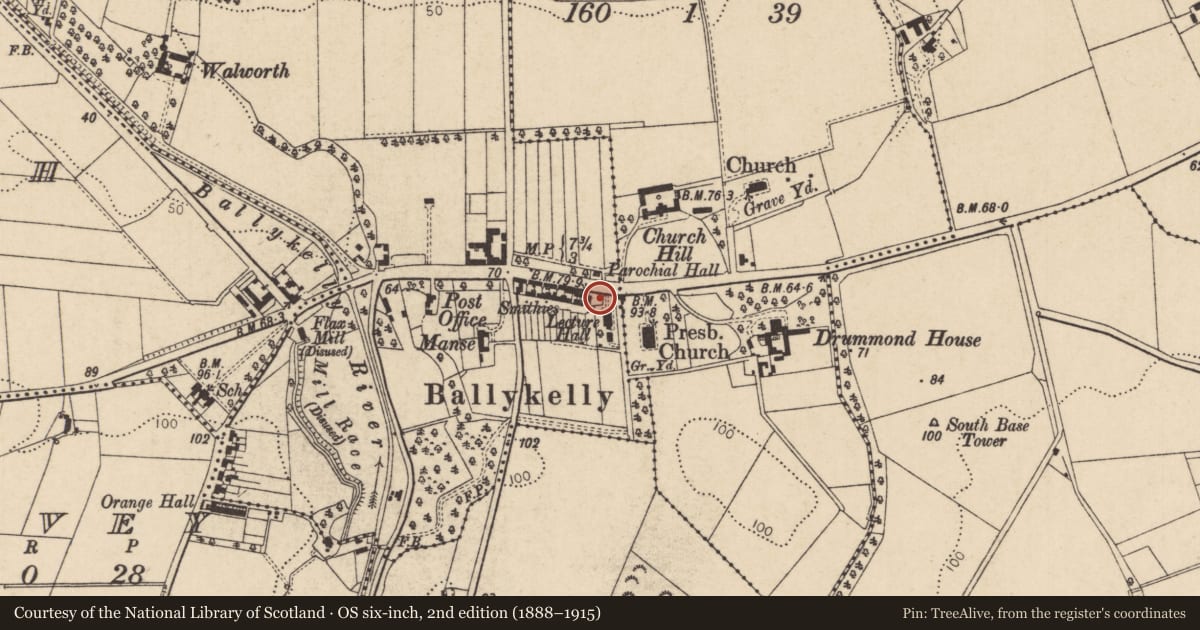 Ordnance Survey six-inch map, 2nd edition (1888–1915) covering the location of 26 Main Street, Ballykelly, Causeway Coast and Glens, with a pin at the register's coordinates
