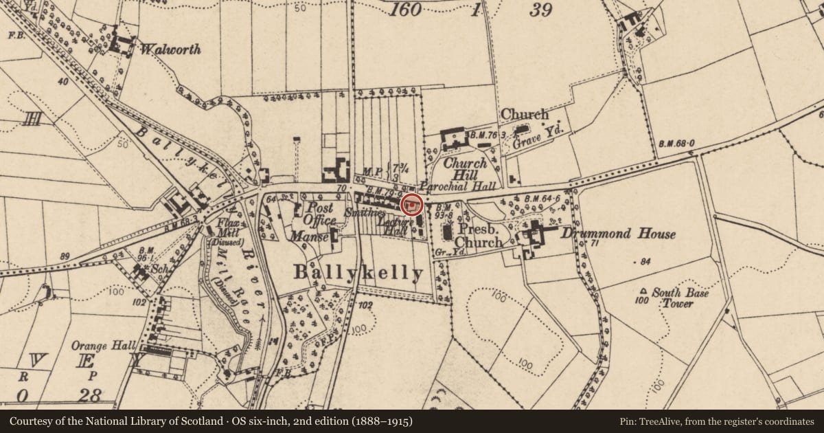Ordnance Survey six-inch map, 2nd edition (1888–1915) covering the location of 28 Main Street, Ballykelly, Causeway Coast and Glens, with a pin at the register's coordinates