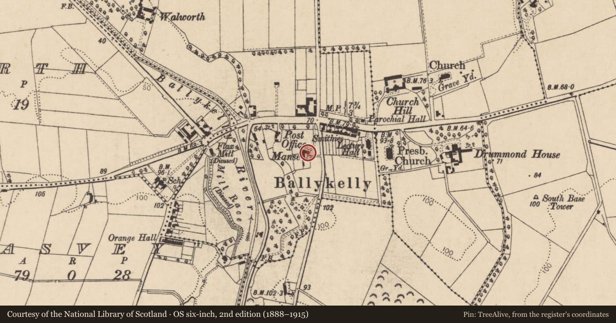 Ordnance Survey six-inch map, 2nd edition (1888–1915) covering the location of Presbyterian Manse, Ballykelly, Causeway Coast and Glens, with a pin at the register's coordinates