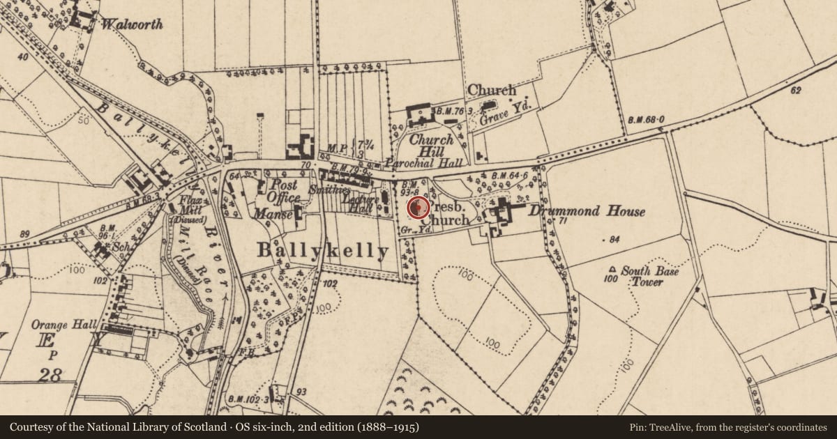 Ordnance Survey six-inch map, 2nd edition (1888–1915) covering the location of Ballykelly Presbyterian Church, Drummond, Causeway Coast and Glens, with a pin at the register's coordinates