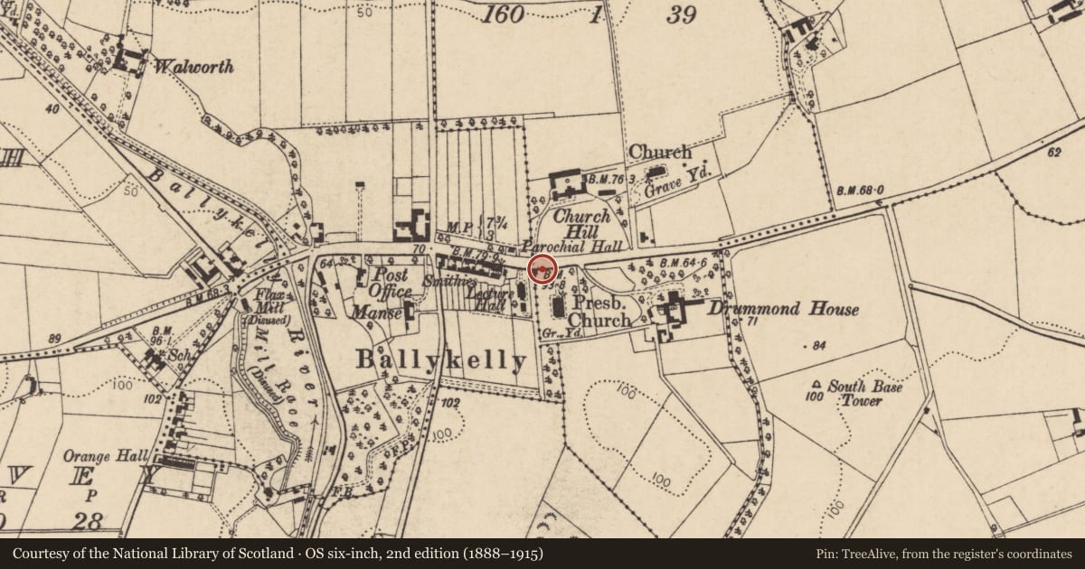 Ordnance Survey six-inch map, 2nd edition (1888–1915) covering the location of Gate Lodge, Drummond, Causeway Coast and Glens, with a pin at the register's coordinates