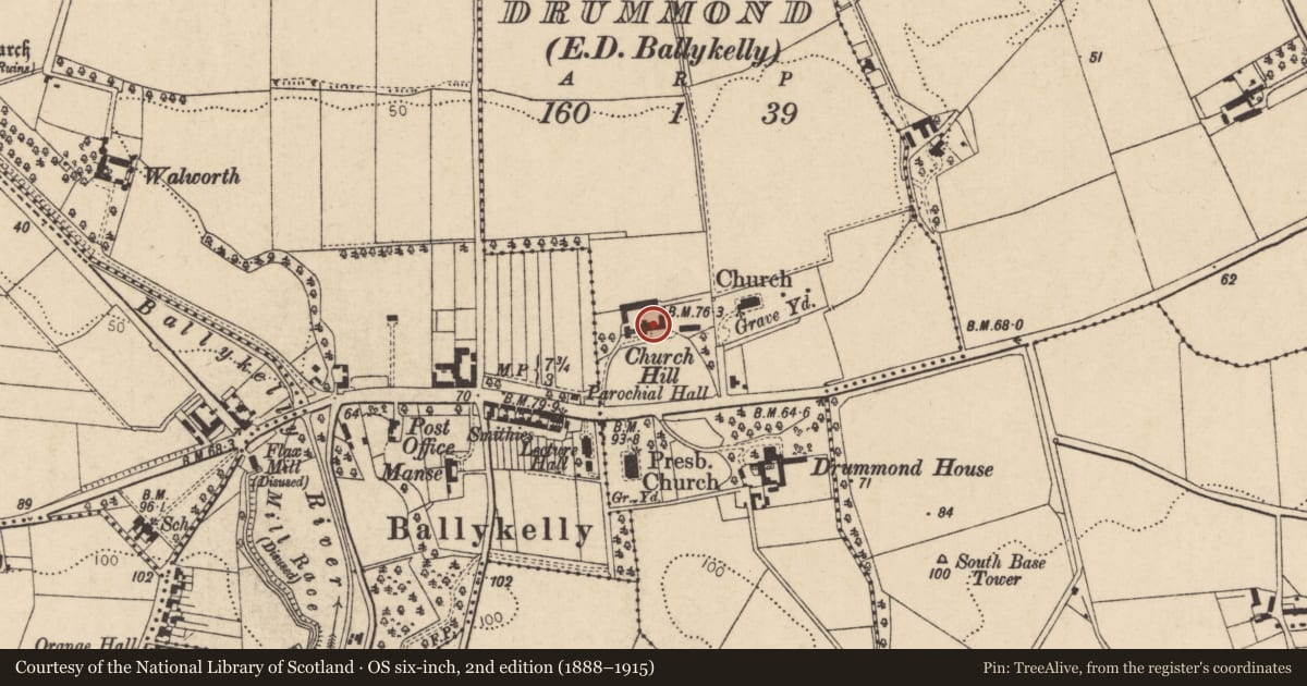 Ordnance Survey six-inch map, 2nd edition (1888–1915) covering the location of Church Hill House, Drummond, Causeway Coast and Glens, with a pin at the register's coordinates
