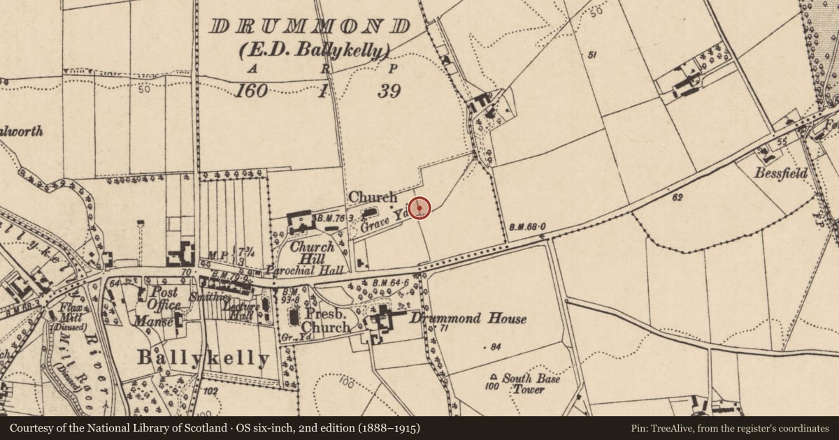Ordnance Survey six-inch map, 2nd edition (1888–1915) covering the location of Gage Vault, Drummond, Causeway Coast and Glens, with a pin at the register's coordinates