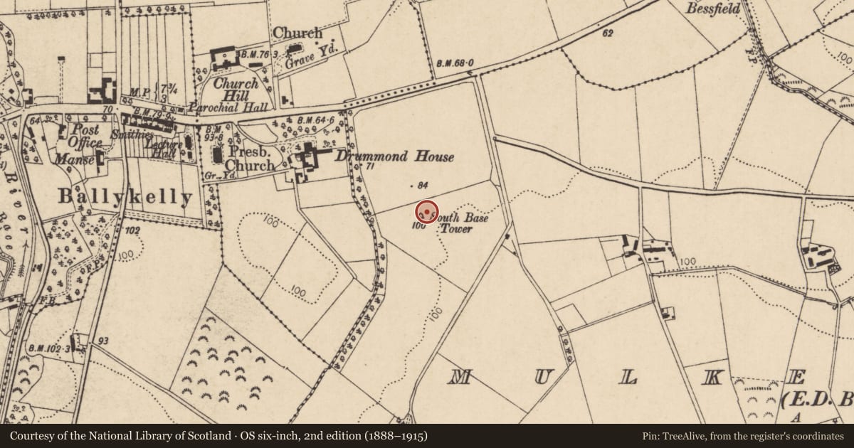 Ordnance Survey six-inch map, 2nd edition (1888–1915) covering the location of South Base Tower, Mulkeeragh, Causeway Coast and Glens, with a pin at the register's coordinates