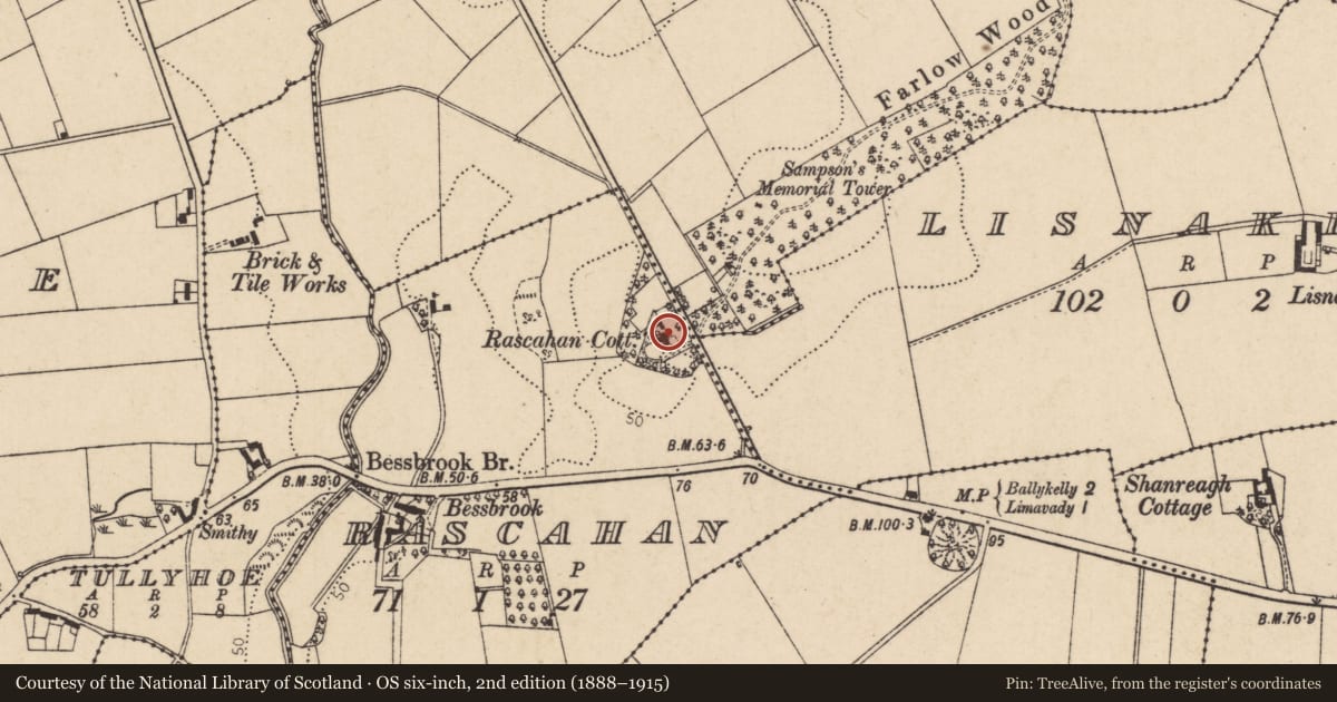 Ordnance Survey six-inch map, 2nd edition (1888–1915) covering the location of Rascahan Cottage, Causeway Coast and Glens, with a pin at the register's coordinates