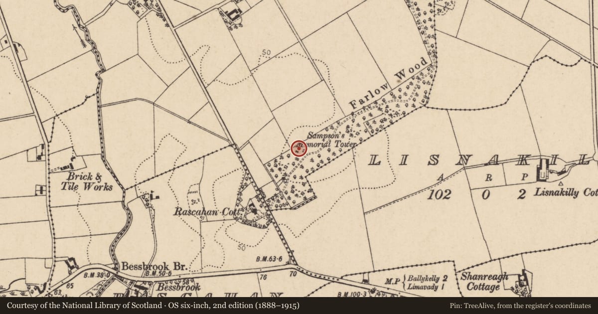 Ordnance Survey six-inch map, 2nd edition (1888–1915) covering the location of Sampson’s Memorial Tower, Farlow, Causeway Coast and Glens, with a pin at the register's coordinates