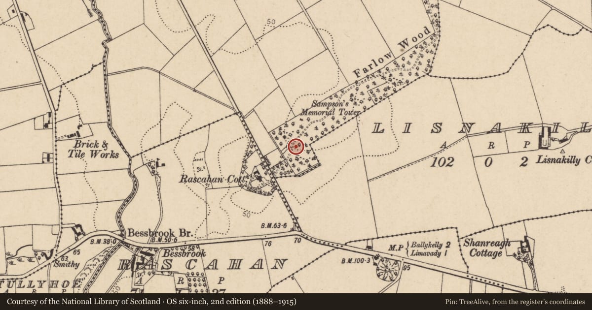 Ordnance Survey six-inch map, 2nd edition (1888–1915) covering the location of Lodge, Farlow, Causeway Coast and Glens, with a pin at the register's coordinates