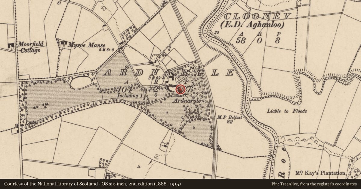Ordnance Survey six-inch map, 2nd edition (1888–1915) covering the location of Ardnargle House, Causeway Coast and Glens, with a pin at the register's coordinates