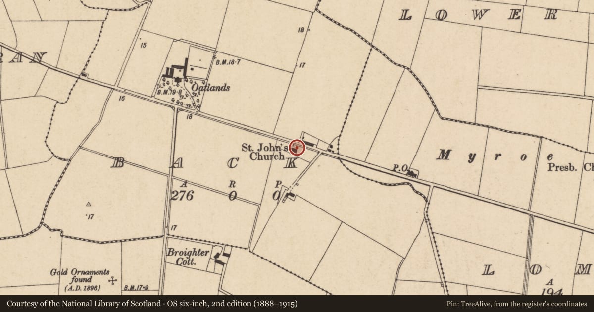 Ordnance Survey six-inch map, 2nd edition (1888–1915) covering the location of St John’s Church (C of I), Back, Causeway Coast and Glens, with a pin at the register's coordinates