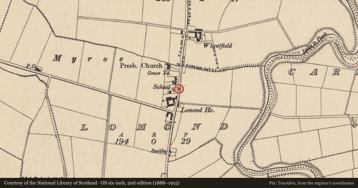 Ordnance Survey six-inch map, 2nd edition (1888–1915) covering the location of Myroe Primary School (Former), Lomond, Causeway Coast and Glens, with a pin at the register's coordinates