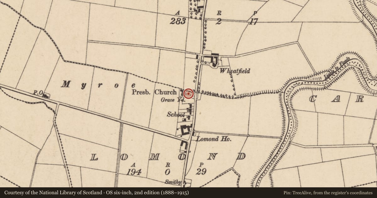 Ordnance Survey six-inch map, 2nd edition (1888–1915) covering the location of Myroe Presbyterian Church, Lomond, Causeway Coast and Glens, with a pin at the register's coordinates