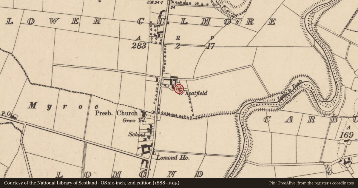 Ordnance Survey six-inch map, 2nd edition (1888–1915) covering the location of Wheatfield House, Lower Culmore, Causeway Coast and Glens, with a pin at the register's coordinates