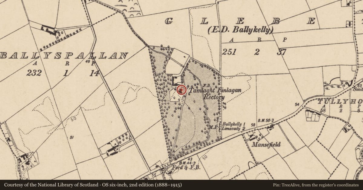 Ordnance Survey six-inch map, 2nd edition (1888–1915) covering the location of Tamlaght Finlagan Rectory, Glebe, Causeway Coast and Glens, with a pin at the register's coordinates
