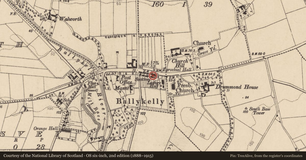 Ordnance Survey six-inch map, 2nd edition (1888–1915) covering the location of Cottages, Ballykelly, Causeway Coast and Glens, with a pin at the register's coordinates