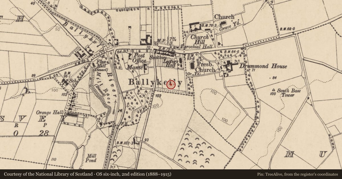 Ordnance Survey six-inch map, 2nd edition (1888–1915) covering the location of Ballykelly Primary School, Causeway Coast and Glens, with a pin at the register's coordinates