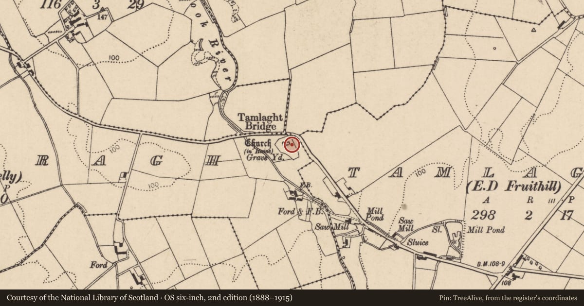 Ordnance Survey six-inch map, 2nd edition (1888–1915) covering the location of Tamlaght old Graveyard, Mulkeeragh, Causeway Coast and Glens, with a pin at the register's coordinates