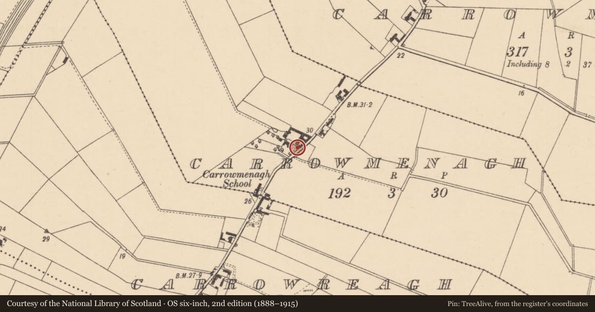 Ordnance Survey six-inch map, 2nd edition (1888–1915) covering the location of Carrowmena House, Carrowmenagh, Causeway Coast and Glens, with a pin at the register's coordinates