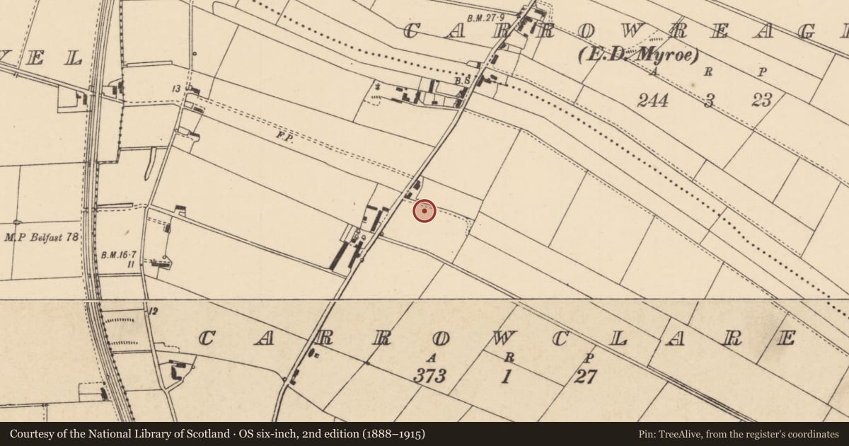 Ordnance Survey six-inch map, 2nd edition (1888–1915) covering the location of Carrowmena Outdoor Centre (former School), Carrowclare, Causeway Coast and Glens, with a pin at the register's coordinates