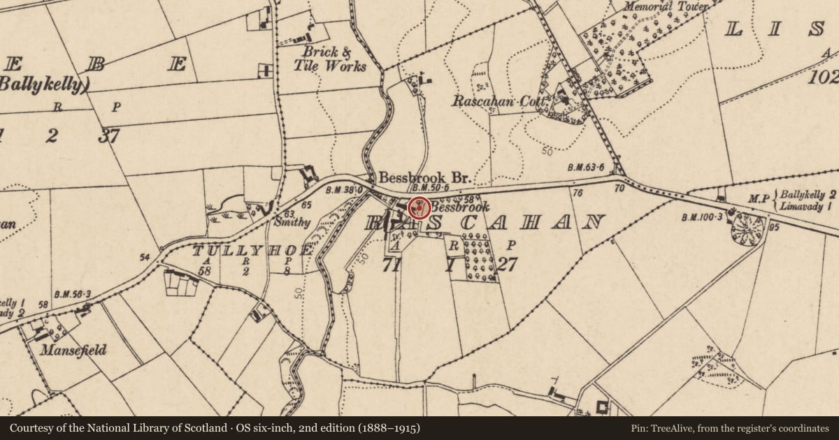 Ordnance Survey six-inch map, 2nd edition (1888–1915) covering the location of Bessbrook House, Rascahan, Causeway Coast and Glens, with a pin at the register's coordinates