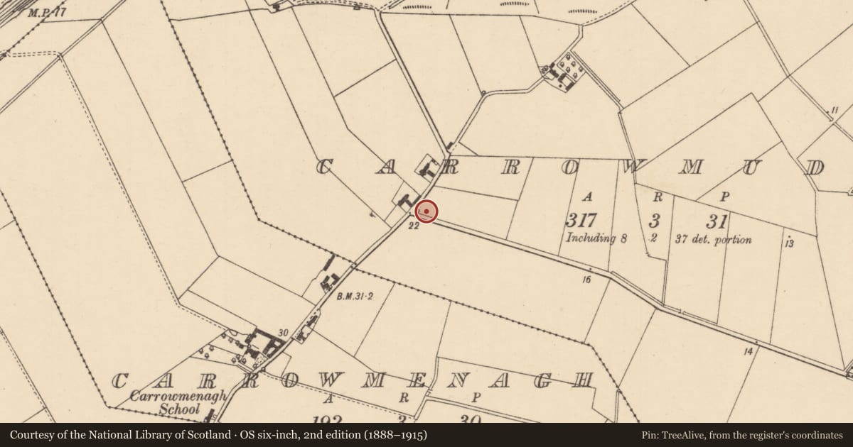Ordnance Survey six-inch map, 2nd edition (1888–1915) covering the location of Pump outside 51 Carrowclare Road, +, Causeway Coast and Glens, with a pin at the register's coordinates