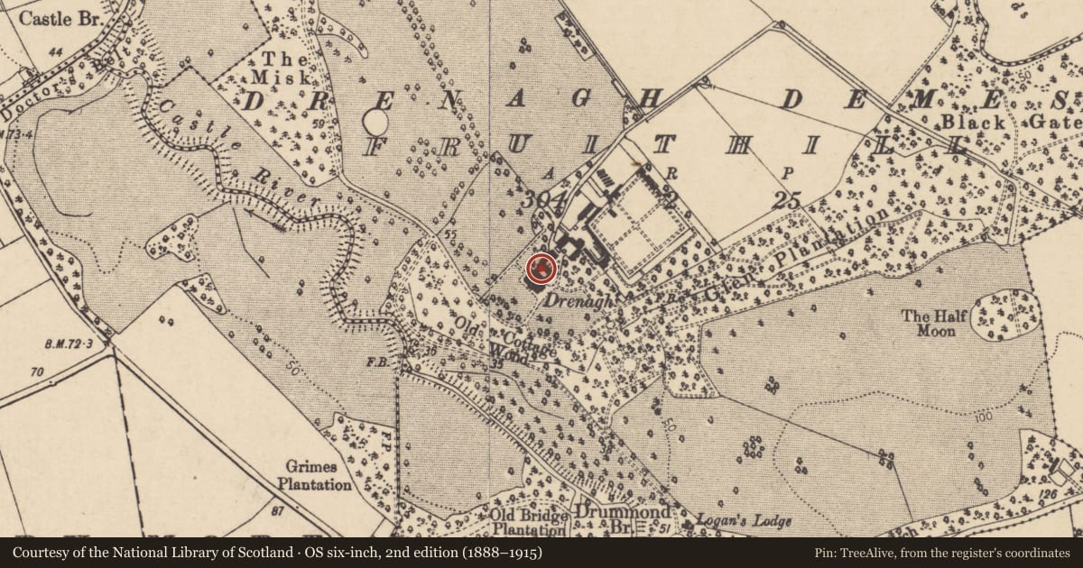 Ordnance Survey six-inch map, 2nd edition (1888–1915) covering the location of Drenagh House, Fruithill, Causeway Coast and Glens, with a pin at the register's coordinates