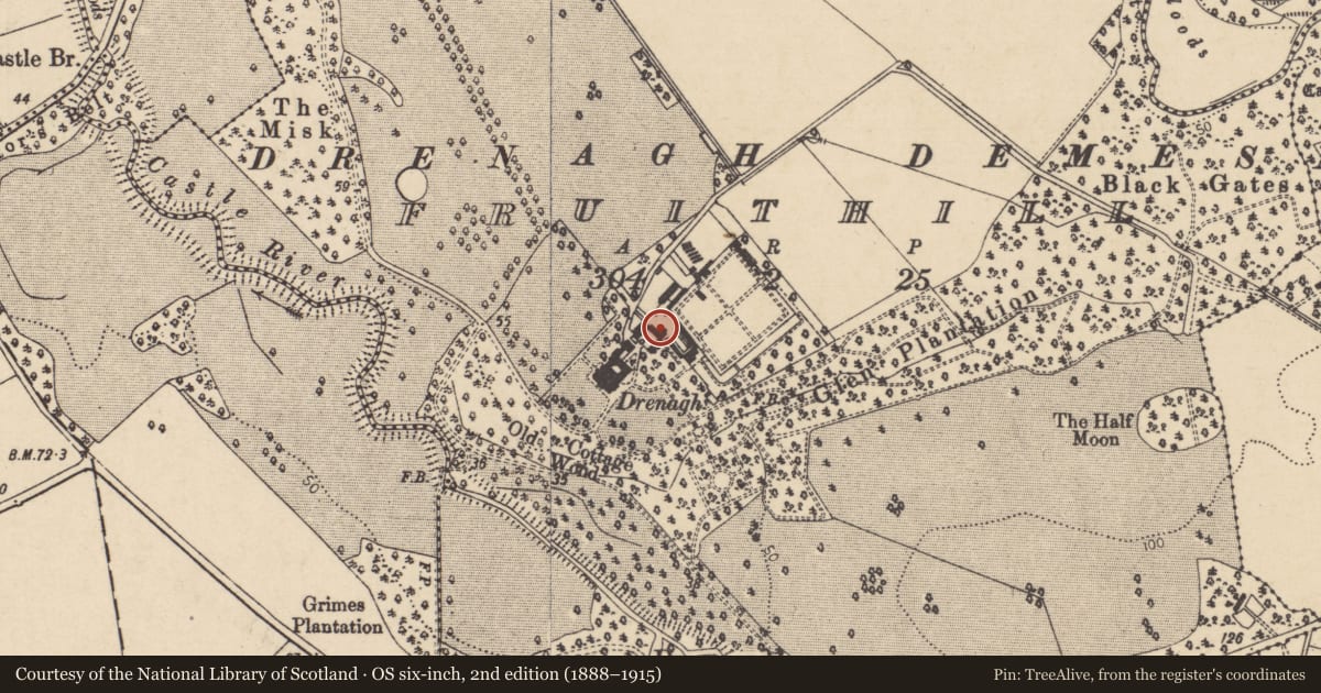 Ordnance Survey six-inch map, 2nd edition (1888–1915) covering the location of Drenagh Estate Coach house, Fruithill, Causeway Coast and Glens, with a pin at the register's coordinates