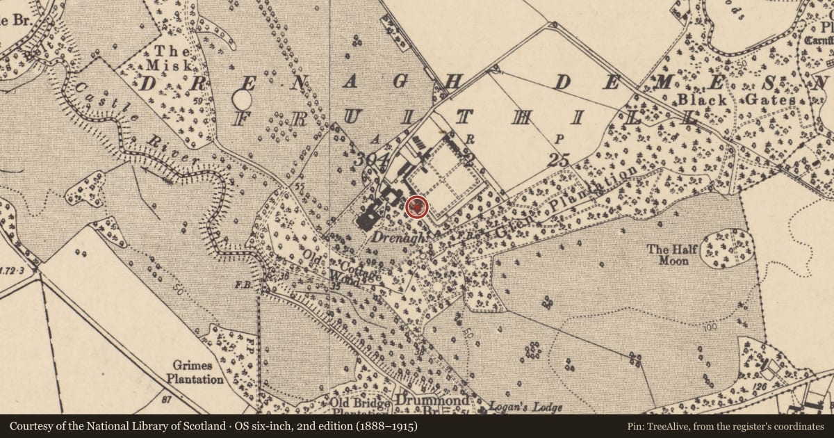 Ordnance Survey six-inch map, 2nd edition (1888–1915) covering the location of Drenagh Estate Gardener’s House & Barn, Fruithill, Causeway Coast and Glens, with a pin at the register's coordinates