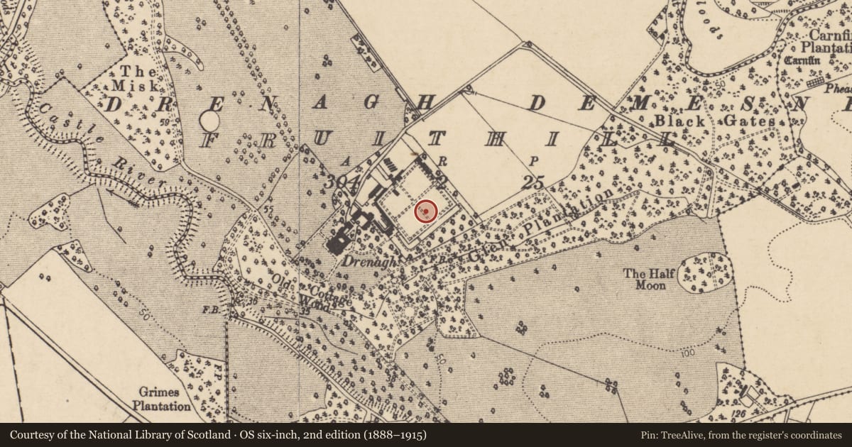 Ordnance Survey six-inch map, 2nd edition (1888–1915) covering the location of Walled Garden, Fruithill, Causeway Coast and Glens, with a pin at the register's coordinates