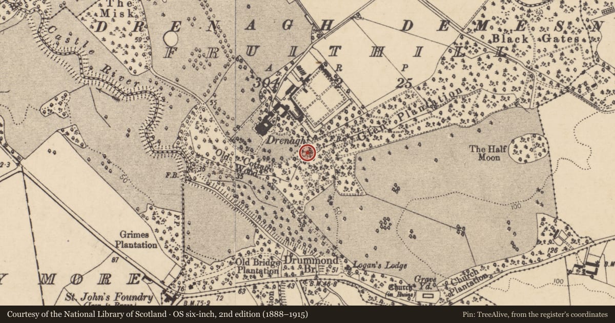 Ordnance Survey six-inch map, 2nd edition (1888–1915) covering the location of Viewing Platform, Fruithill, Causeway Coast and Glens, with a pin at the register's coordinates