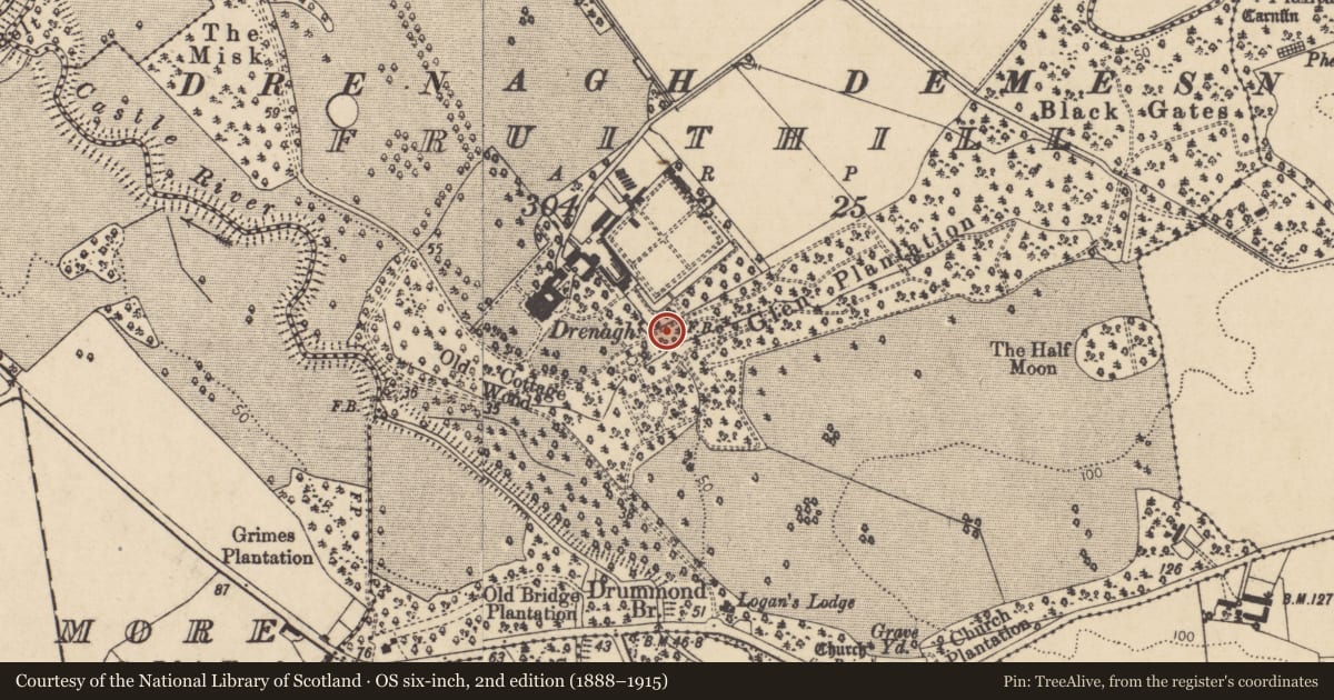 Ordnance Survey six-inch map, 2nd edition (1888–1915) covering the location of Moon Garden, Fruithill, Causeway Coast and Glens, with a pin at the register's coordinates
