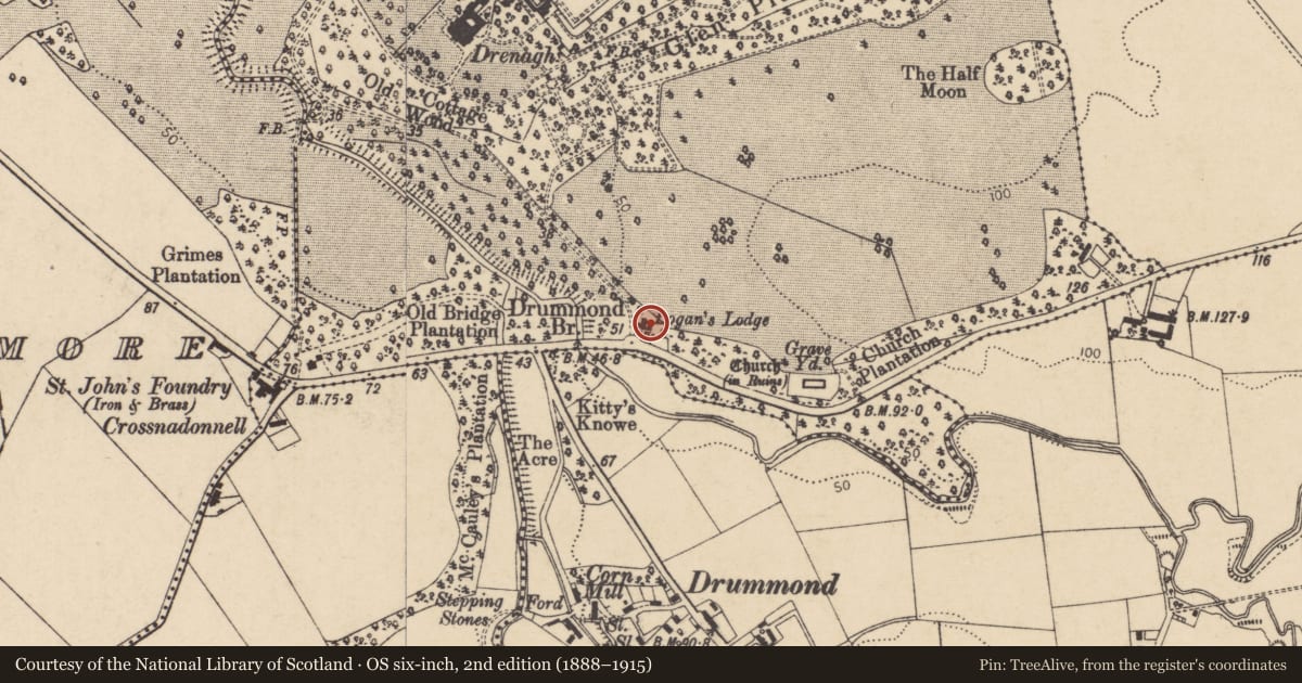 Ordnance Survey six-inch map, 2nd edition (1888–1915) covering the location of East lodge (Logan’s Lodge), Fruithill, Causeway Coast and Glens, with a pin at the register's coordinates