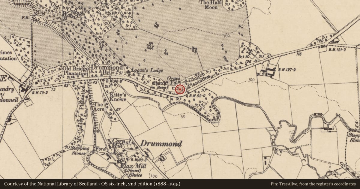 Ordnance Survey six-inch map, 2nd edition (1888–1915) covering the location of Drumachose Old Church, Fruithill, Causeway Coast and Glens, with a pin at the register's coordinates