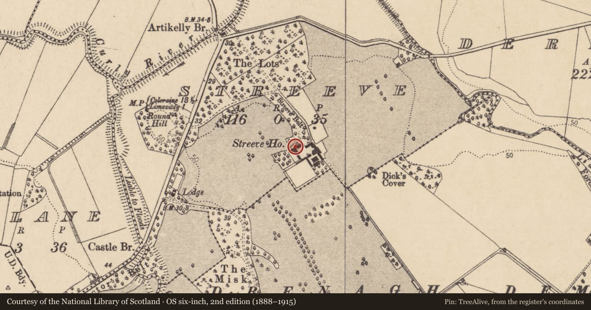 Ordnance Survey six-inch map, 2nd edition (1888–1915) covering the location of Streeve House, Causeway Coast and Glens, with a pin at the register's coordinates