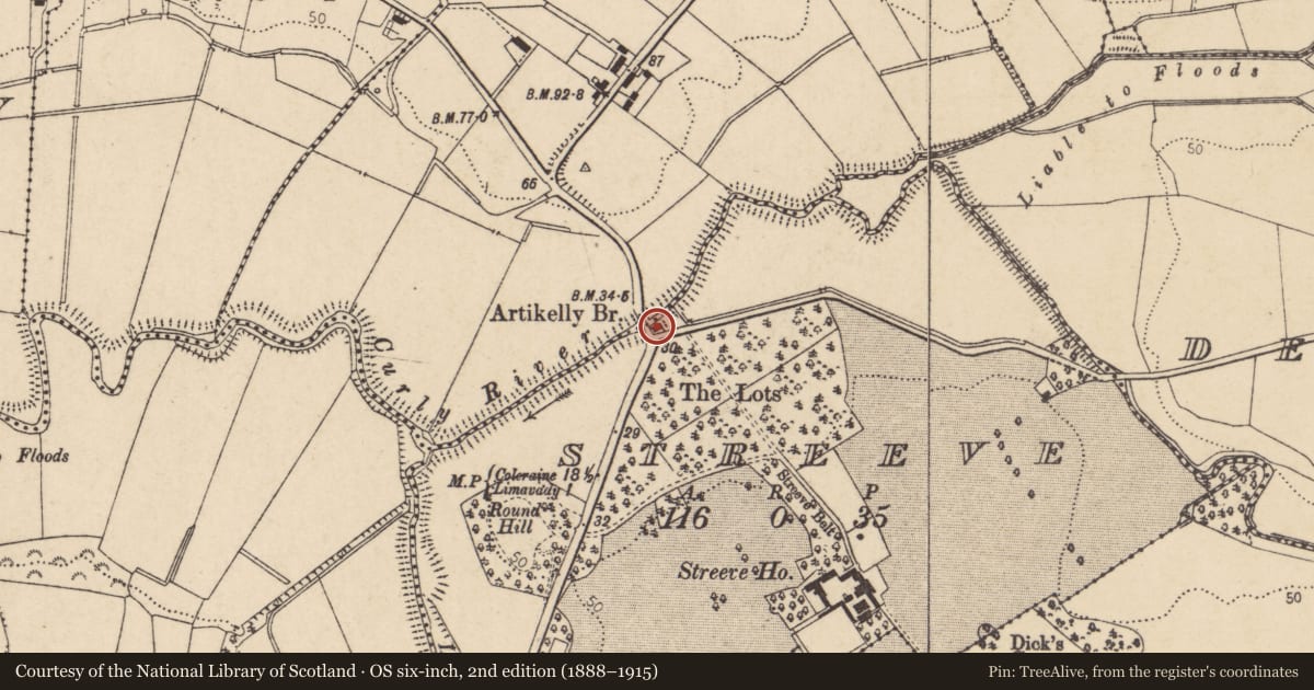 Ordnance Survey six-inch map, 2nd edition (1888–1915) covering the location of Artikelly Bridge, Causeway Coast and Glens, with a pin at the register's coordinates