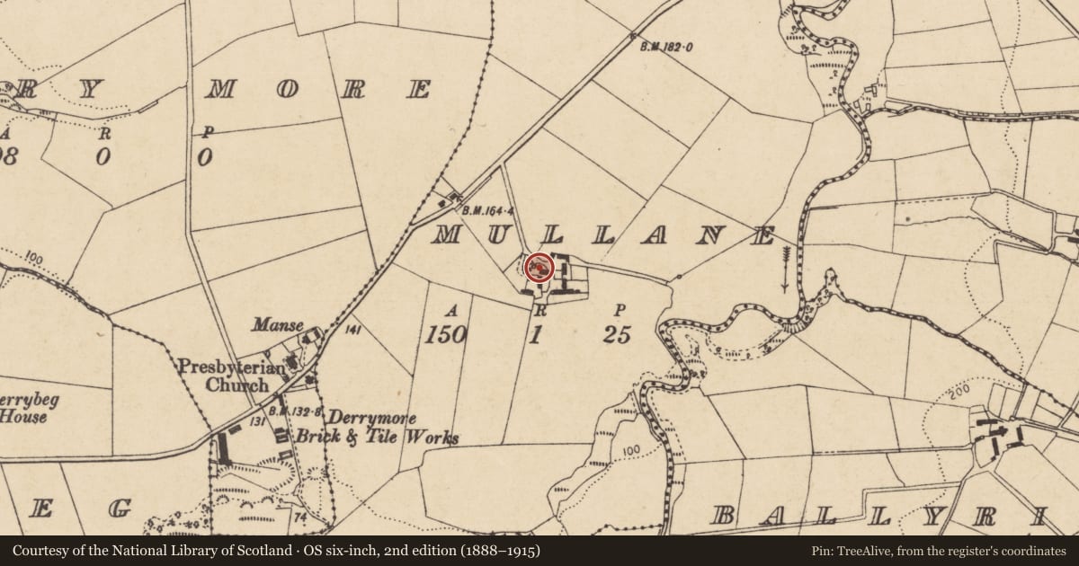 Ordnance Survey six-inch map, 2nd edition (1888–1915) covering the location of Mullane House, Causeway Coast and Glens, with a pin at the register's coordinates