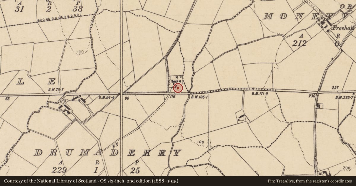 Ordnance Survey six-inch map, 2nd edition (1888–1915) covering the location of 1½ Storey House, Drumaderry, Causeway Coast and Glens, with a pin at the register's coordinates
