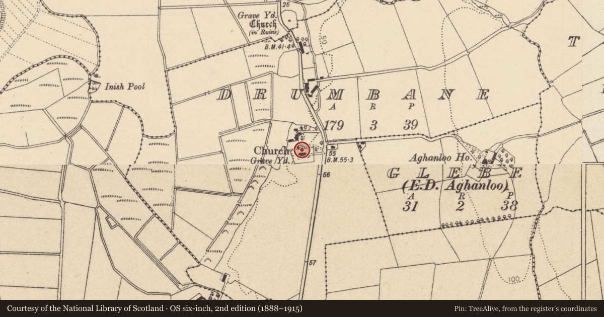 Ordnance Survey six-inch map, 2nd edition (1888–1915) covering the location of Aghanloo Church of Ireland Church, Drumbane, Causeway Coast and Glens, with a pin at the register's coordinates