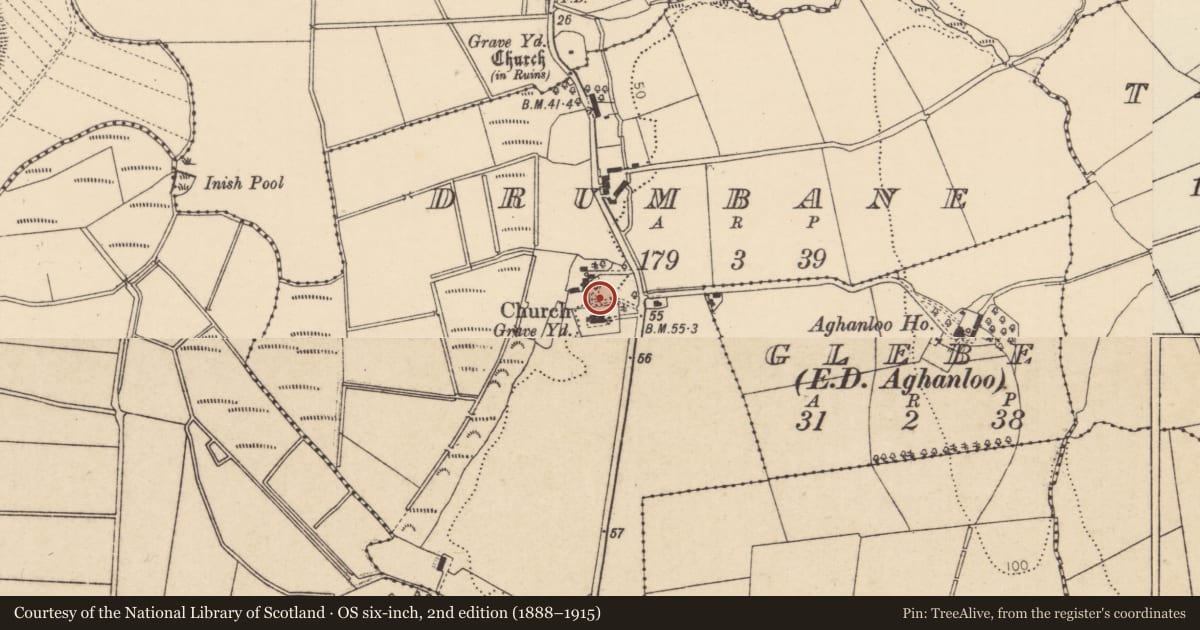 Ordnance Survey six-inch map, 2nd edition (1888–1915) covering the location of House adjacent to Aghanloo Church, Drumbane, Causeway Coast and Glens, with a pin at the register's coordinates