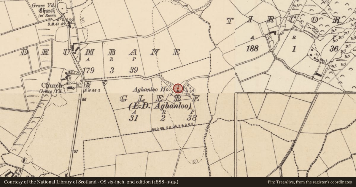 Ordnance Survey six-inch map, 2nd edition (1888–1915) covering the location of Aghanloo House, Glebe, Causeway Coast and Glens, with a pin at the register's coordinates