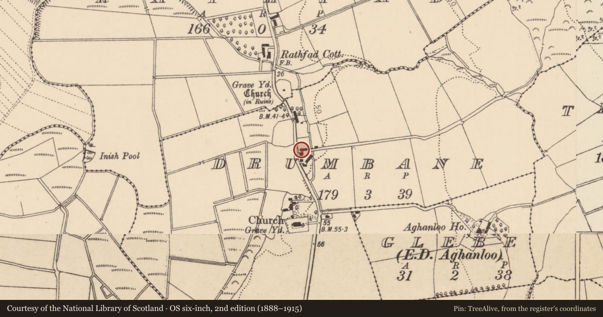 Ordnance Survey six-inch map, 2nd edition (1888–1915) covering the location of Rose Cottage, Drumbane, Causeway Coast and Glens, with a pin at the register's coordinates