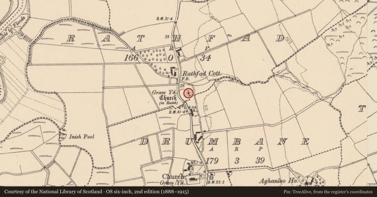 Ordnance Survey six-inch map, 2nd edition (1888–1915) covering the location of Aghanloo Old Churchyard, Drumbane, Causeway Coast and Glens, with a pin at the register's coordinates