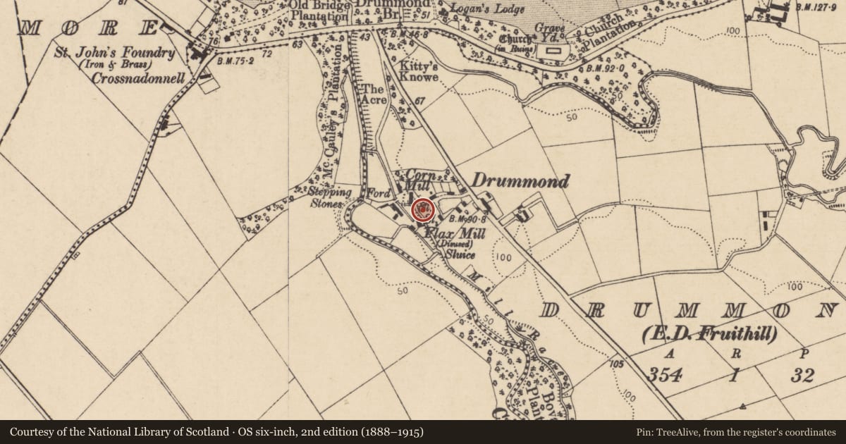 Ordnance Survey six-inch map, 2nd edition (1888–1915) covering the location of Drummond Corn Mill, Causeway Coast and Glens, with a pin at the register's coordinates
