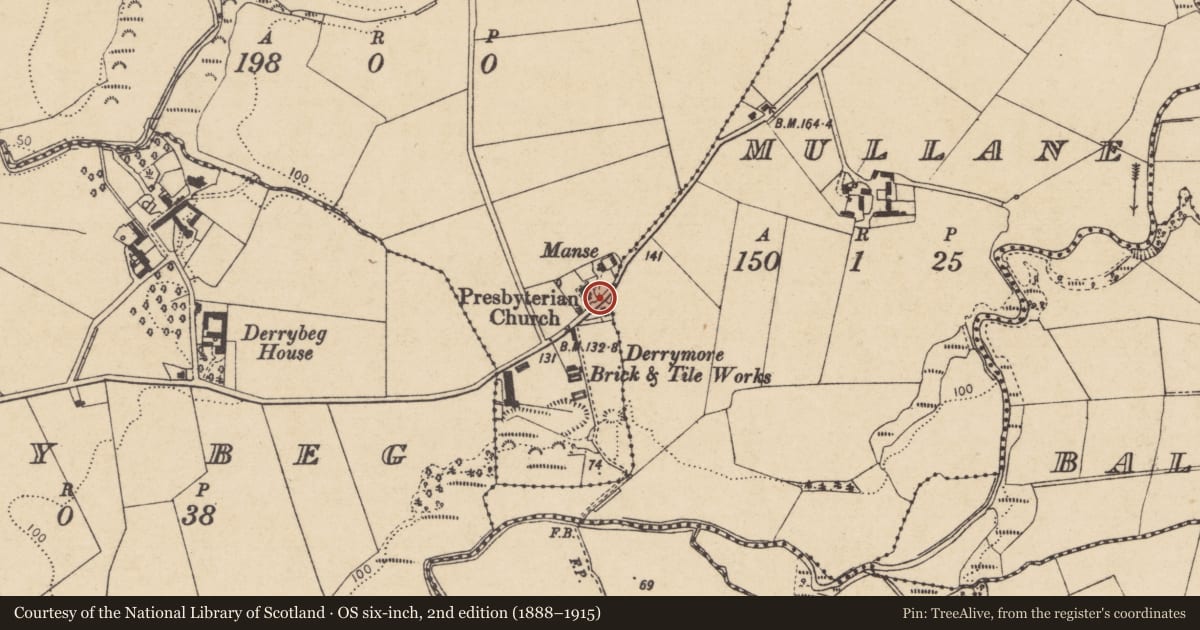 Ordnance Survey six-inch map, 2nd edition (1888–1915) covering the location of Derramore Presbyterian Church, Causeway Coast and Glens, with a pin at the register's coordinates