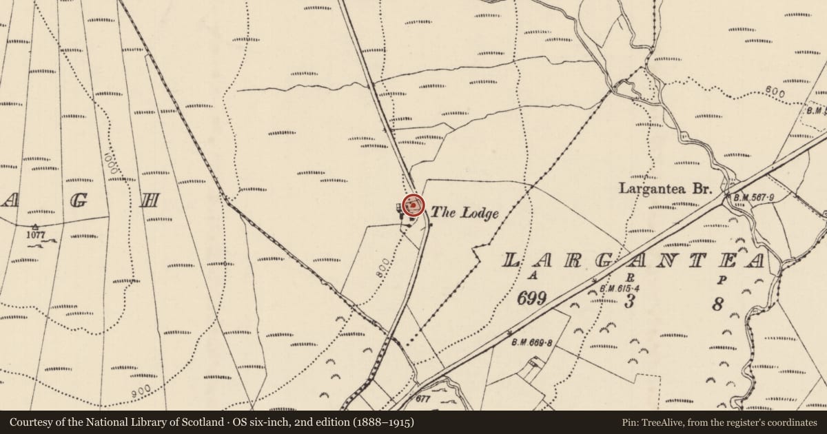 Ordnance Survey six-inch map, 2nd edition (1888–1915) covering the location of The Lodge, Largantea, Causeway Coast and Glens, with a pin at the register's coordinates