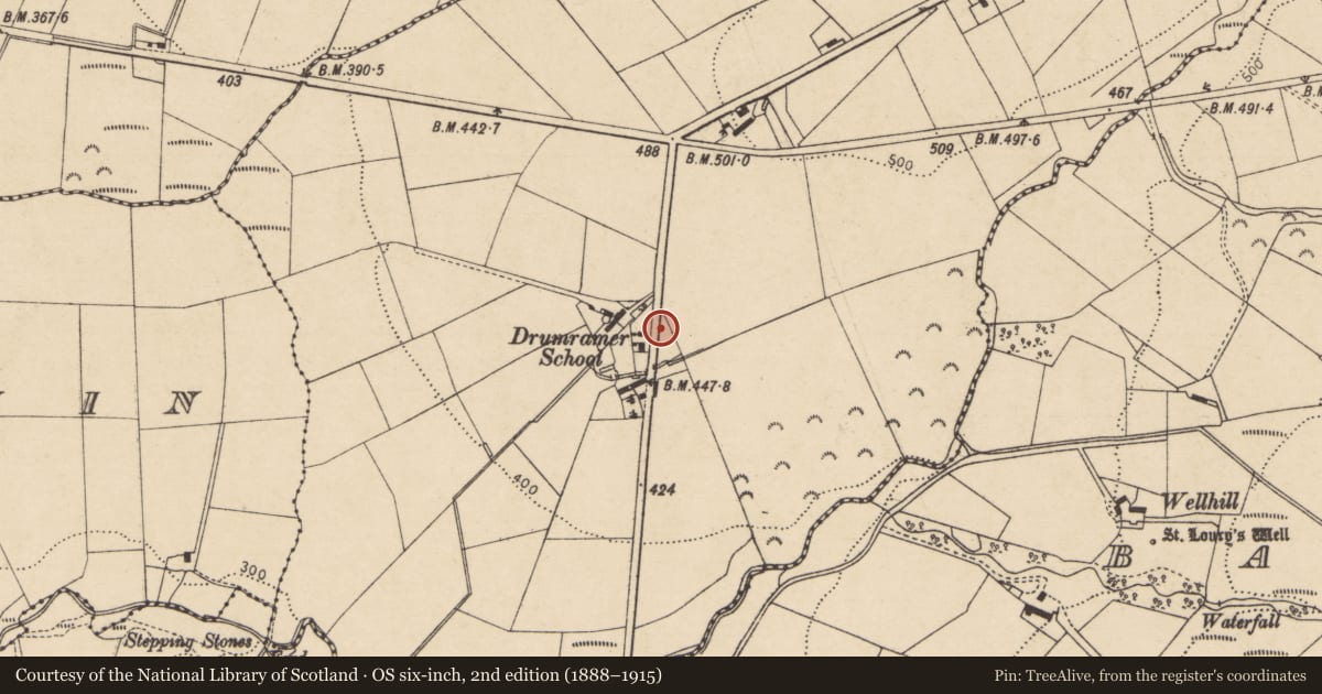 Ordnance Survey six-inch map, 2nd edition (1888–1915) covering the location of Drumramer School, Causeway Coast and Glens, with a pin at the register's coordinates