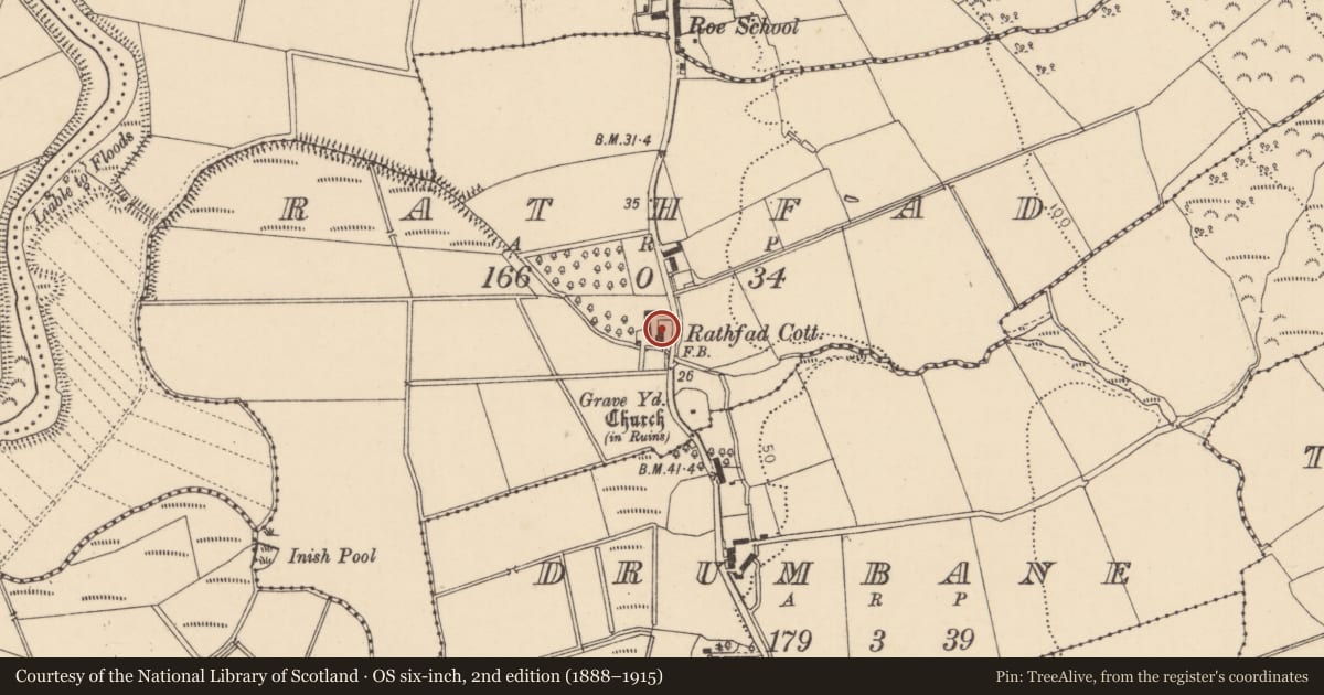 Ordnance Survey six-inch map, 2nd edition (1888–1915) covering the location of Rathfad Cottage, Causeway Coast and Glens, with a pin at the register's coordinates