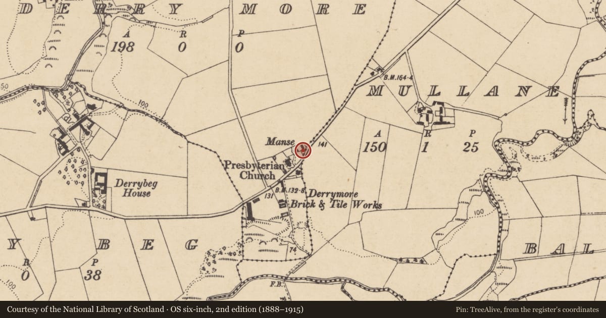 Ordnance Survey six-inch map, 2nd edition (1888–1915) covering the location of Former Presbyterian Manse, Derramore, Causeway Coast and Glens, with a pin at the register's coordinates